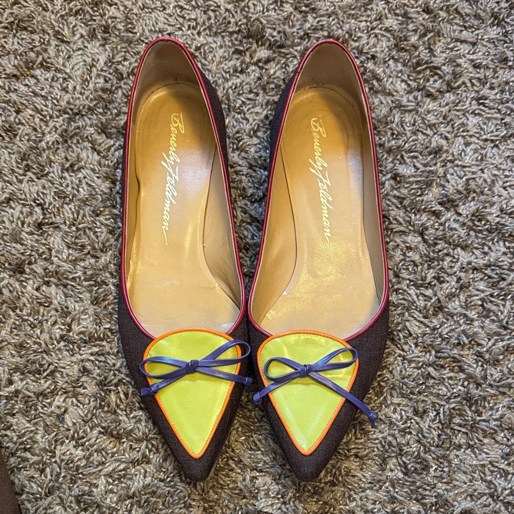 Beverly Feldman Brown and Lime Flats with Purple Bow